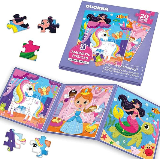 QUOKKA Magnetic Toddler Puzzles Ages 2-4 – 24 Pieces Kids Puzzles Ages 3-5 – Travel Games and Toys for Kids 4-6 Girls – Car Airplane Road Trip Activities with Unicorn, Princesses, Fairies and Mermaids