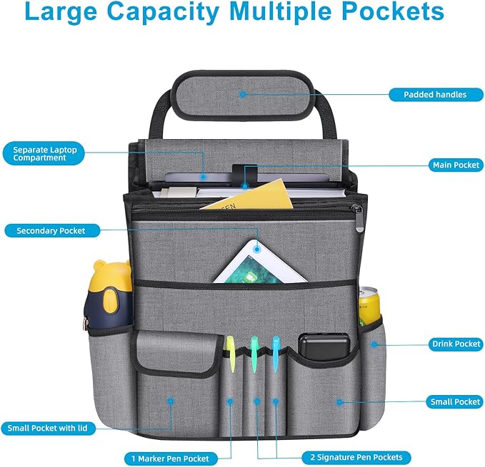 Car Front Seat Organizer| Efficient Car Organizers and Storage | Laptop,Tablet Pockets, Adjustable Straps,Kid-Friendly, Multi-Pocket, Cup Holders, Sturdy and Durable, Grey