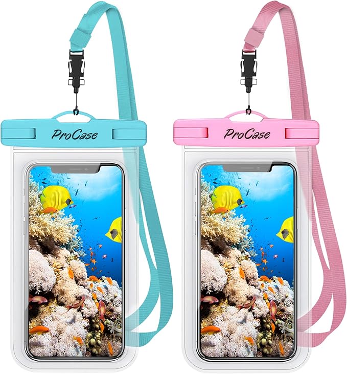 ProCase 2 Pack Waterproof Phone Pouch Case, 7" Universal Underwater Cellphone Dry Bag for iPhone 17 Air 16 15 14 13 Pro Plus Max 12 11, Galaxy S24 S23 S22 Ultra Pixel -Blue/Pink