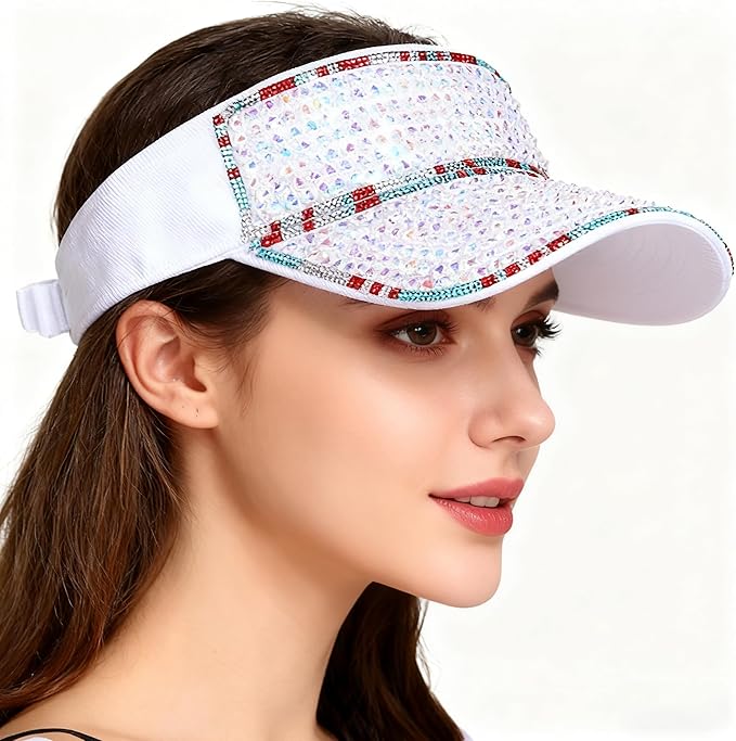 Bling Shiny Rhinestone Sports Sun Visor Hat for Women Summer Adjustable Breathable Beach Visor Caps Running Golf Sun Hat