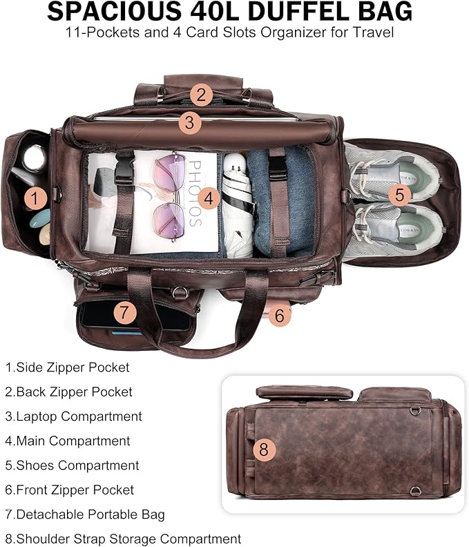 FADEON Duffle Bag for Women, Large Convertible Carry on Overnight Backpack, Designer Leather Mens Weekend Bags for Travel