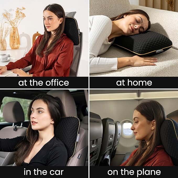 Memory Foam Travel Pillow with Washable Cover & Carry Bag – Compact, Soft & Breathable Neck Pillow for Airplane, Camping & Car (Black- with Extra Gray Cotton Cover, 15.7x9.8x3.9 inches)