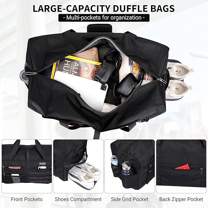 WITZMAN Foldable Duffle Bag for Travel 65L Lightweight Packable Duffel Bag with Shoes Compartment Overnight Bag for Men Women (B697 Black)