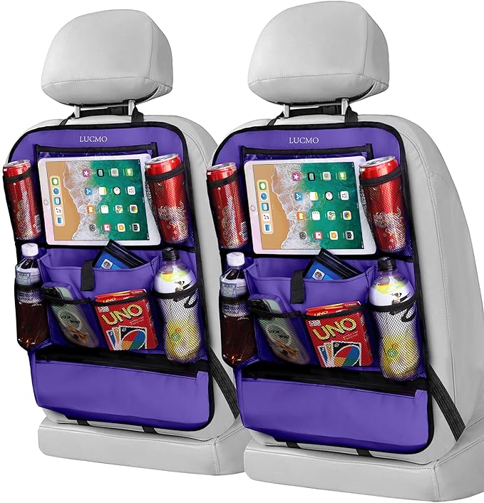 LUCMO Car Backseat Organizer with Touch Screen Tablet Holder-2 Pcs,9 Storage Pockets Car Storage Organizer Protectors Kick Mats Travel Accessories for Kids-Purple
