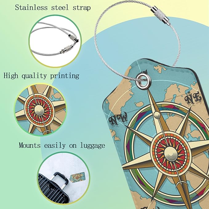 Luggage Tags for Suitcase,2 Pack Nautical Compass Luggage Tag World Map Leather Privacy Cover ID Label with Stainless Steel Loop for Women Men Kids Girls Travel