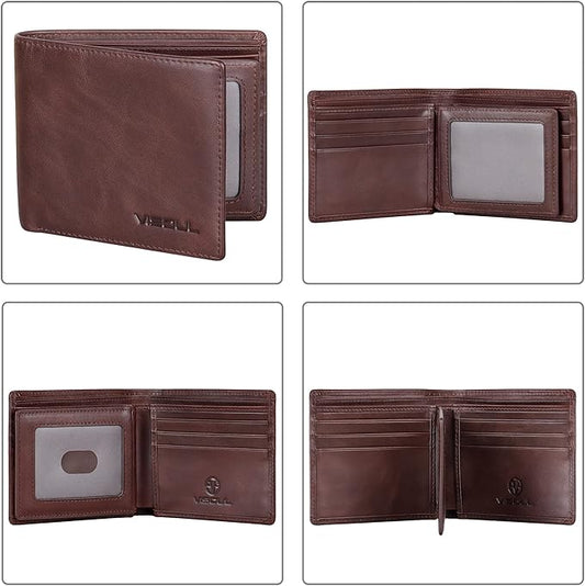 VISOUL Mens Bifold Leather RFID Blocking Wallet with 2 ID Windows, Soft Genuine Leather Card Holder Wallet with 2 Cash Compartments for Men (Coffee)