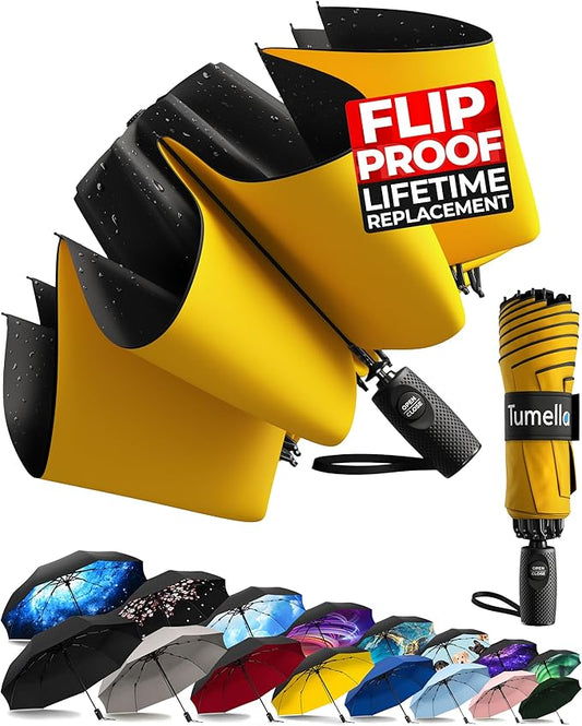 TUMELLA Flip-proof Inverted Travel Umbrella, Small Strong but Light Portable and Automatic Reverse Folding Rain Umbrella, Durable Premium Grip, Fits Car & Backpack