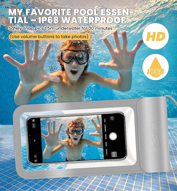 HiRui Universal Waterproof Phone Pouch with Touch Screen, IP68 Waterproof Phone Case Dry Bag for Beach, Compatible with iPhone 16/15/14/13/12/XR/SE, Samsung Galaxy, Fits up to 6.1" (Silver, Large)