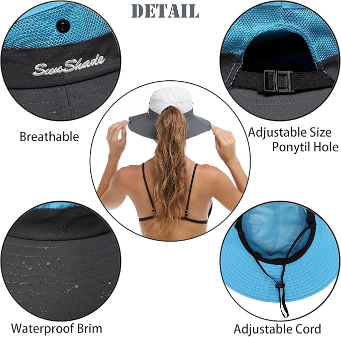 Womens Summer Sun Hat Beach Hat Wide Brim Outdoor UV Protection Hat Foldable Cool Mesh Ponytail Bucket Hat