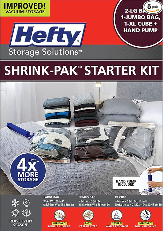 Hefty Shrink-Pak Starter Kit - 2 Large, 1 XL Cube, 1 Jumbo Vacuum Seal Storage Bag and Hand Pump – Space Saver Bags for Clothing, Pillows, Towels, or Blankets, 5 Pc Set
