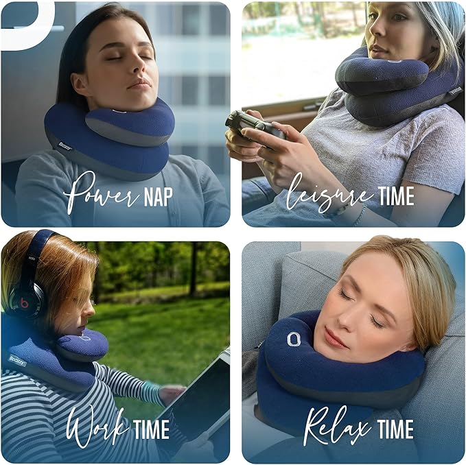 BCOZZY Travel Neck Pillow for Airplane– Patented Double Support for Head, Neck, and Chin. Best for Long Flights, Plane Sleeping, and Car Rides. Adjustable Size. Fully Washable. Carry Bag. Large, Nude