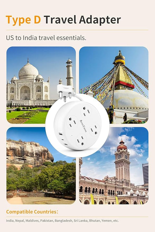 India Travel Adapter with USB C, US to India Plug Adapter with 4 Outlets 3 USB Ports, Type D Outlet Adapter for US to Bangladesh, India, Kuwait, Maldives (White)