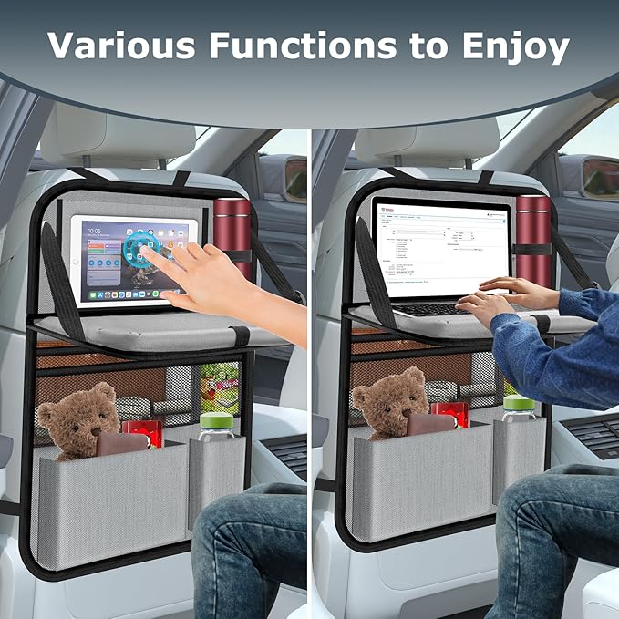 Car Backseat Organizer with table Tray, 9 Storage Pockets Backseat Car Organizer with Tablet Holder, Back seat Organizer for Kids Road Trip Essentials Travel (1Pack)