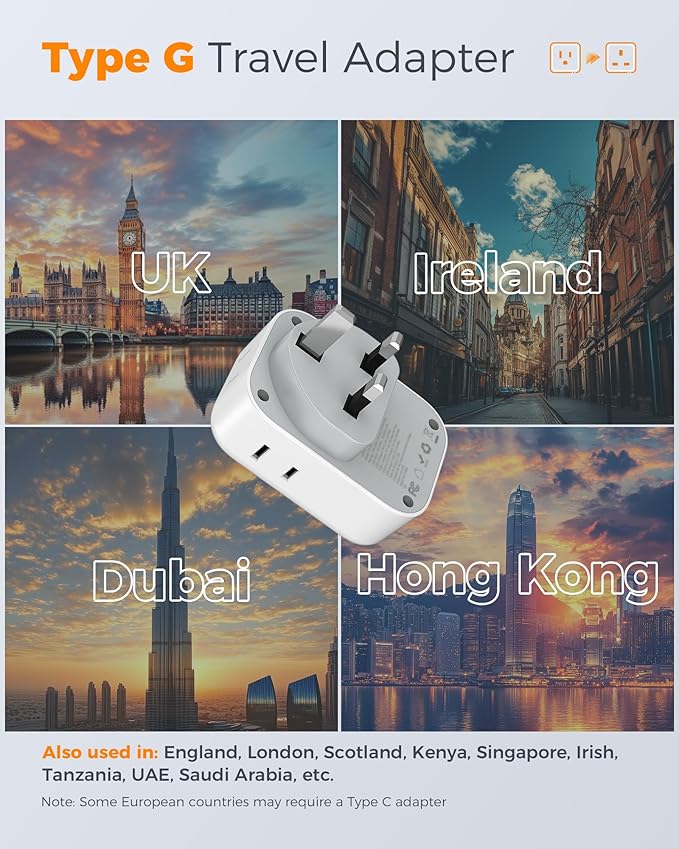 US to UK Plug Adapter 3 Pack, TESSAN Type G Adapter for Travel with 4 Outlets 3 USB (2 USB-C), Power Adaptor for US to UK Ireland London Scotland Kenya Dubai Singapore Hong Kong
