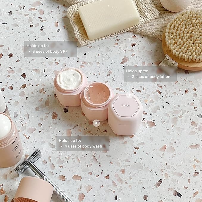 Cadence Travel Containers - Body Care Capsule Set - Magnetic Containers with Lids,Carry On Travel Essentials for Women/Men - 3 Flex Mediums (1.32oz) - Body Wash, Lotion & Sun Icon Labels - Petal