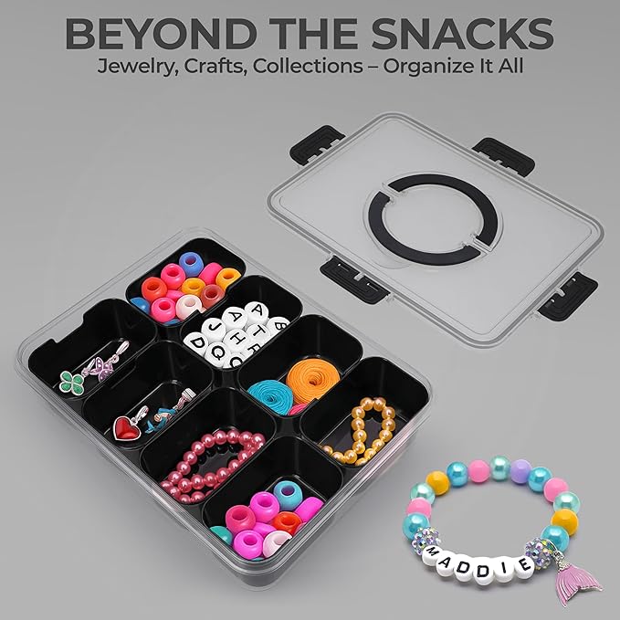 Snackle Box Container with Lid- Travel Charcuterie Box with Handle - Organizer for Candy, Fruit, Nuts, Veggies, Snacks, Beach Essentials, Portable Lunch Box (Black, Large)