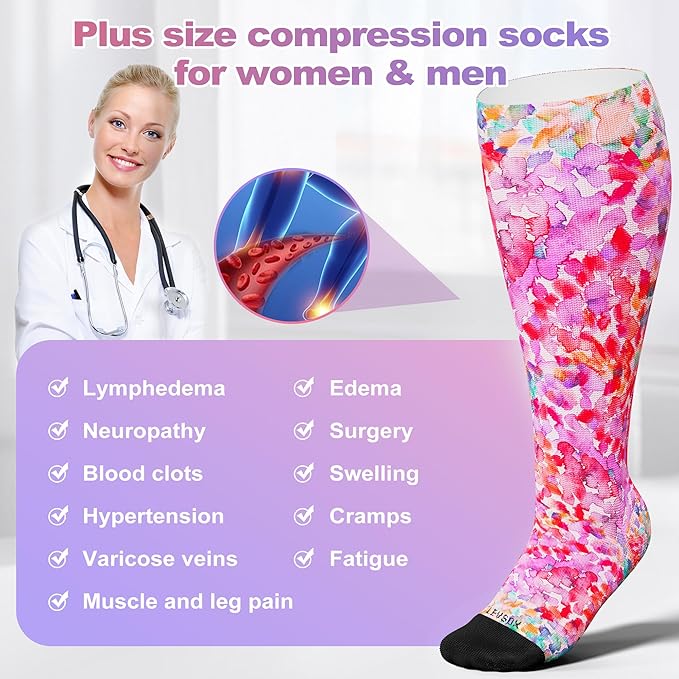 LEVSOX Plus Size Compression Socks for Women Men Wide Calf Extra Large 15-20 mmHg Knee High Sock for Nurses Pregnant Travel