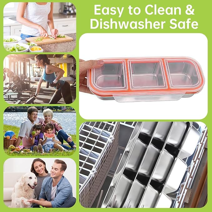 BSTUR 3 Pack Bento Box, Stainless Steel Snack Containers With Lids, Leak Proof Metal Lunch Box with 3 Compartments, Stackable Food Storage Container for Work, Travel, Dishwasher Safe