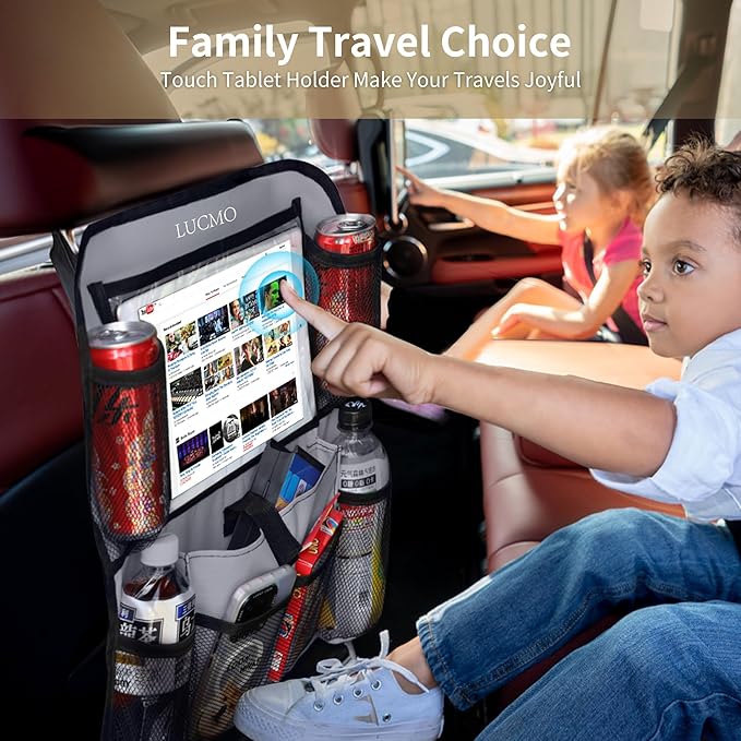 LUCMO Car Backseat Organizer with Touch Screen Tablet Holder-2 Pcs,9 Storage Pockets Car Storage Organizer Protectors Kick Mats Travel Accessories for Kids-Grey