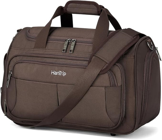 HanTrip Carry on Duffel Bag Foldable Duffle Bags for Travel, Under Seat Personal Item Bags for Airplanes, Weekender Overnight Mens Travel Tote Bag for Women Small Softside Carry on Luggage (Coffee)