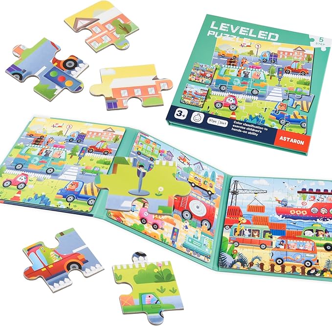 ASTARON Magnetic Puzzles for Toddlers, 25-30-42 Pieces Traffic Learning Magnet Puzzles for Road Trip, Educational Travel Toys Car Plane Activities for Kids, Kids Birthday Gifts