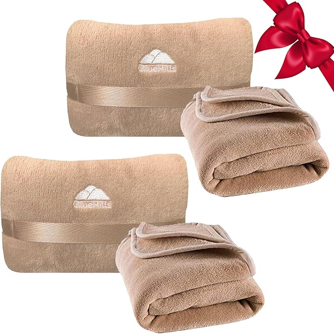 BlueHills 2-Pack Mini Premium Soft Plush Travel Blanket Pillow Airplane Essentials for Two in bag Flight Traveling Warm Portable Plane Blankets Compact Cozy Traveler Backpack Blankets Warm Beige - M26