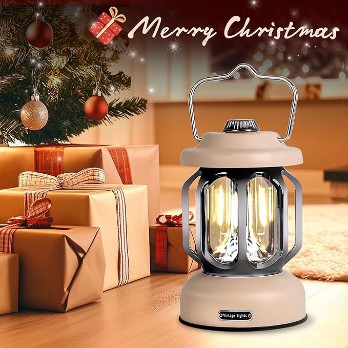 Rechargeable LED Camping Lanterns, Vintage Camping Lights Battery Operated, Portable Retro Metal Glamping Lights for Hiking, Hurricane, Decoration, Power outages, White, 1 Pack