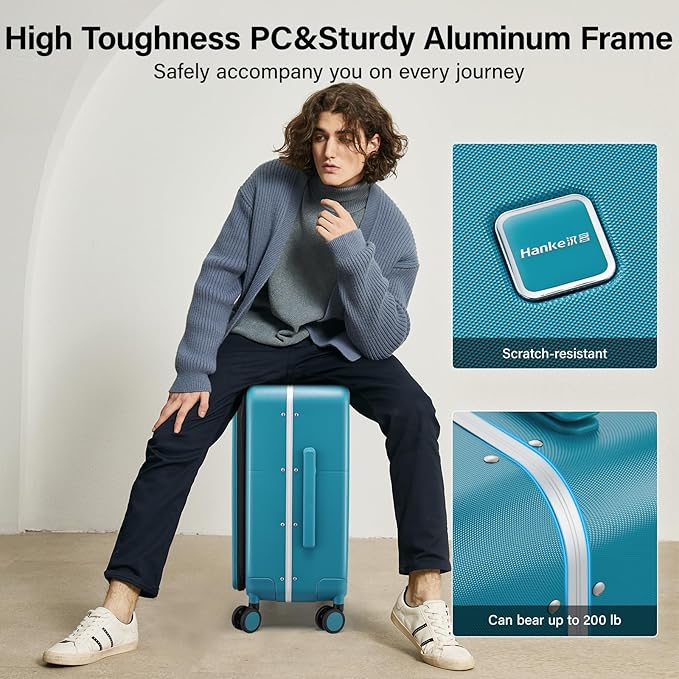 Hanke 24 Inch Luggage with Cup Holder and Charge,Top Opening Hard Shell Suitcases with Wheels and Dividers,Aluminum Frame Trunk Luggage Medium Checked Suitcase with Lock for Travel,Caribbean Blue