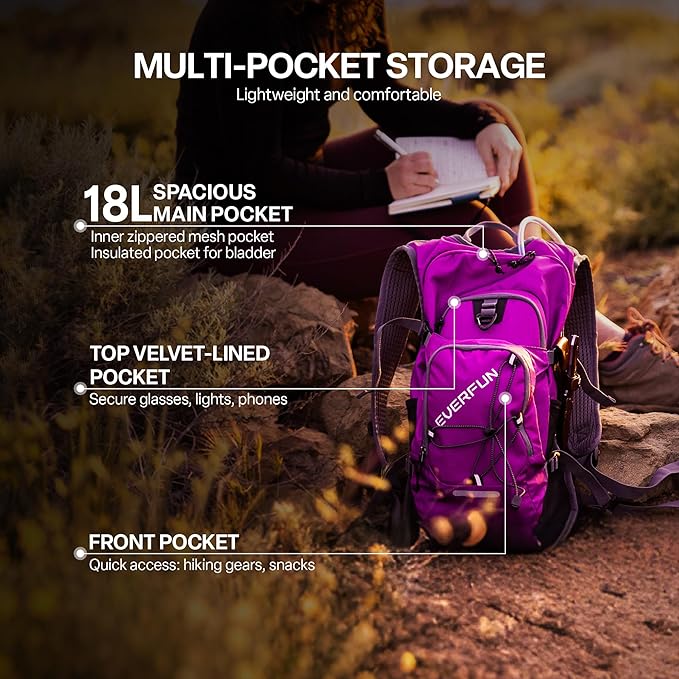 Everfun Hydration Backpack 18L with Water Bladder 2L/3L Hiking Water Backpack Women Men Hydration Pack Insulated Lightweight Day Hydropack with Storage for Hiking, Biking, Running, Festival