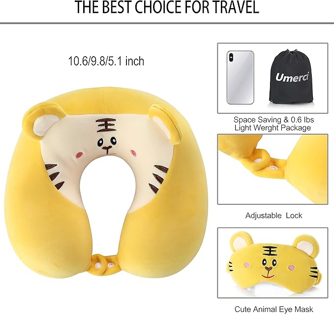 Umerci Travel Pillow, Memory Foam Neck Pillow with 360-Degree Head Support Comfortable Airplane Pillow with Storage Bag Lightweight Traveling Pillow for Sleeping, Car, Train, Bus and Home Use (Tiger)