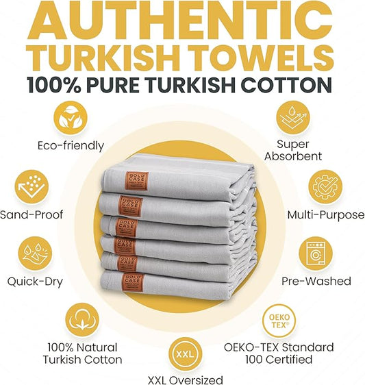 Gold CASE LYCIA Turkish Beach Towel Set of 6 – 100% Cotton Turkish Beach Towels Bulk 70 x 38'' – LYCIA Oversized, Quick Dry & Sand Free Beach Towel – Lightweight Towels Set in Grey