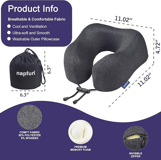 napfun Travel Pillow, Travel Accessories & Travel Essentials for Airplane Upgraded 100% Pure Memory Foam Travel Neck Pillow for Flight Headrest Sleep, Portable Plane Necessities, Full Black