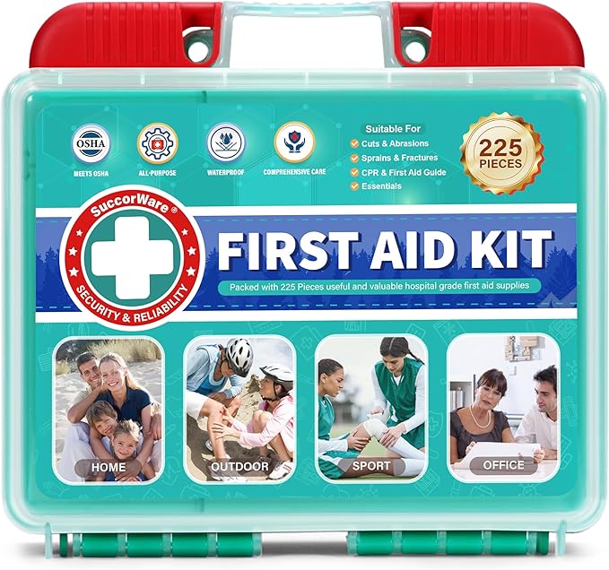 225 Pieces Portable First Aid Kit for Minor Wound Care, Includes Adhesive Bandages, Wound Gauze Pads, Ideal for Home, Car & On-The-Go