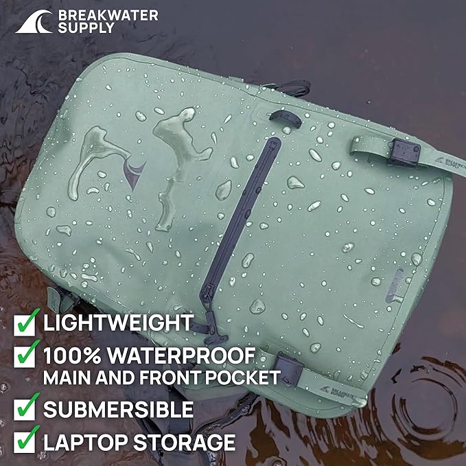 Breakwater Supply™ River Ute Waterproof IP68 Fishing Backpack, Floating TPU Submersible Dry Bag with Padded Hip Belt and Airtight Zippers | 20L (River Ute 20L Marsh Green)