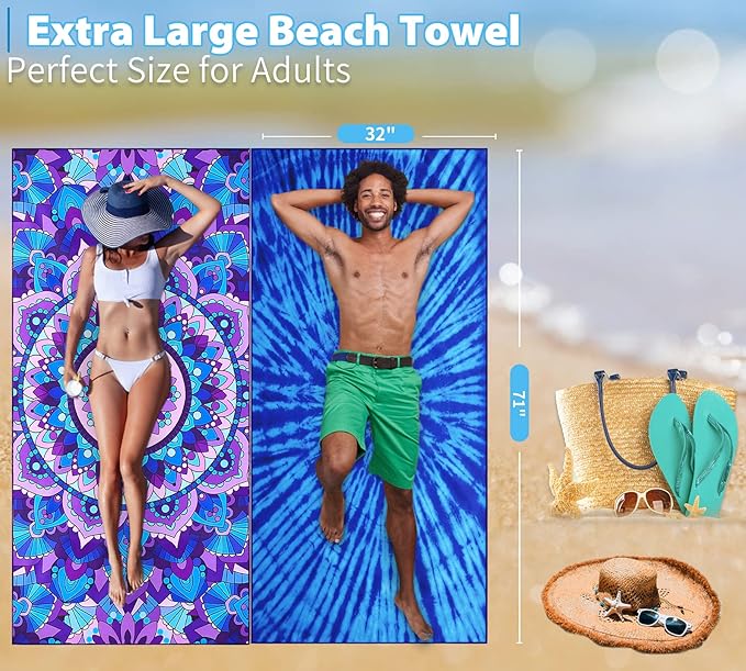 2 Pack Lightweight Thin Beach Towel Oversized 71"x32" Big Extra Large Microfiber Sand Free Towels for Adult Quick Dry Travel Camping Beach Accessories Vacation Essential Gift Tie Dye Purple Mandala