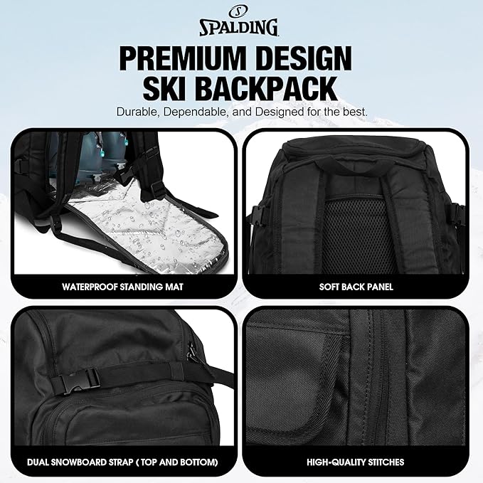 Spalding Ski Boot Bag Backpack | 50L Waterproof Skiing and Snowboarding Travel Bag for Skis Snowboard Helmet Boots & Sports Gear Equipment | Gift for Men and Women