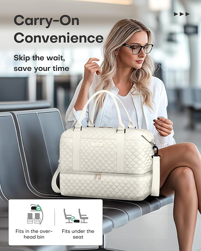 HOTOR Travel Duffel Bag - Weekender Bags for Women, Carry On Overnight Bag with Shoe Compartment, with Toiletry Bag for Travel Essentials and Travel Accessories, Beige, 13.4"×17.3"×7.9"