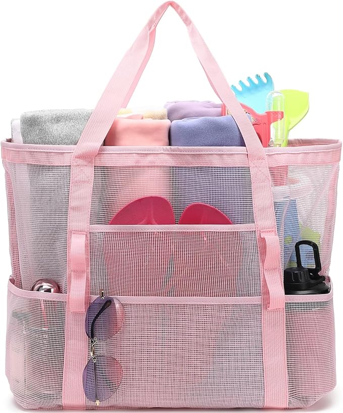 Mesh Beach Bag, Large Beach Tote with Zipper Pocket for Family Pool Bag for Toys & Vacation Essentials