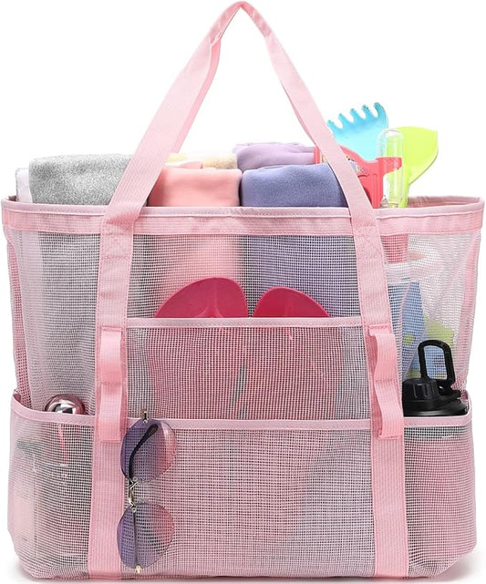 Mesh Beach Bag, Large Beach Tote with Zipper Pocket for Family Pool Bag for Toys & Vacation Essentials