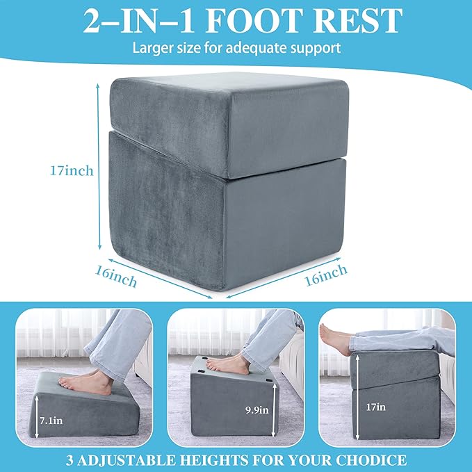 ROYALAY Adjustable Foot Rest Under Desk for Office, High-Density Foam Foot Rest with 3 Adjustable Heights, Ergonomic Footrest with Washable Cover for Home, Airplane, Travel(16 * 16 * 17in, Gray)