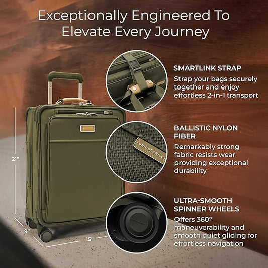 Briggs & Riley 21" Global Carry On Expandable Spinner - Luggage for International Travel, Suitcases with Wheels, Softside Rolling Bag for Men & Women, Self-Repairing Zipper- Baseline Collection, Olive