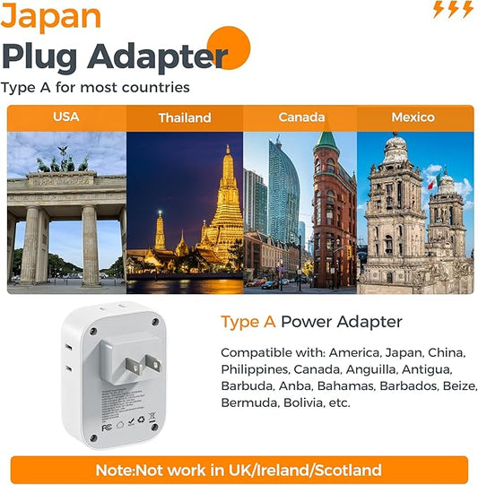 TESSAN 2 Prong to 3 Prong Adapter, Multi Plug Outlet Extender with 4 Outlets 3 USB Ports(1 USB C), Type A Travel for US to Japan, Philippines, Canada, Mexico, China, Thailand, Anguilla