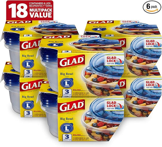 Glad Big Bowl Food Storage Containers, Large Round - (48 Oz) - 3 Count, Standard