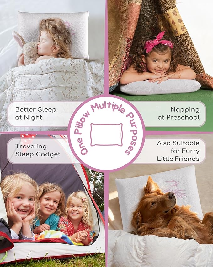 Toddler Pillow, Adjustable Memory Foam Small Pillow for Toddler 2 Years & Above, 13” x 18” Mini Size for Kid Sleeping, Napping or Traveling, Washable No Zipper Pillowcase, Pink