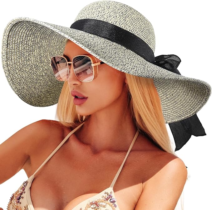 Beach Sun Hats for Women,Wide Brim Straw Hat Floppy Packable UPF 50+ UV Protection with for Summer