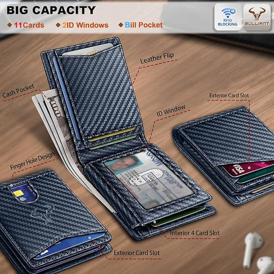 BULLIANT Men Wallet, Slim Leather Wallet Front Pocket Card Holder Gift For Men 11 Slots RFID Blocking