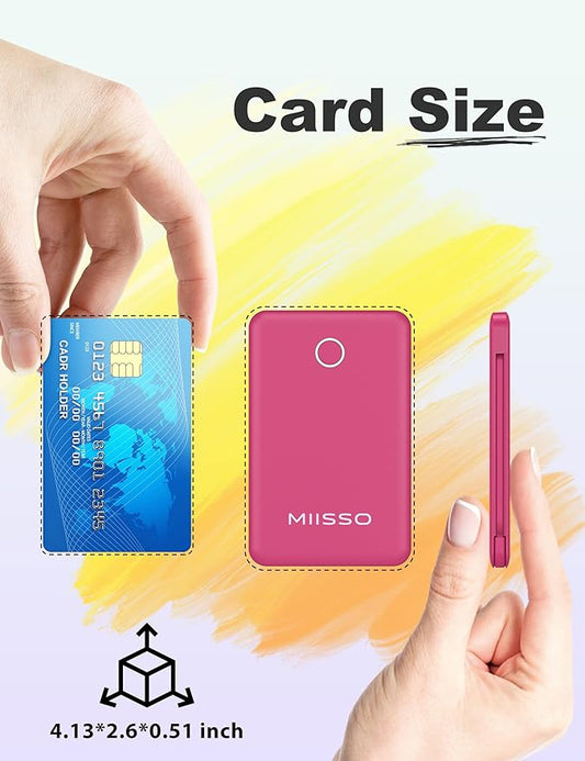 miisso 6000mah Ultra Slim Built in Cables Power Bank, Card Size Built in USB C Cords Battery Pack Portable Charger for Phones, 3 Output External Battery Pack Compatible with iPhone, Plum Red