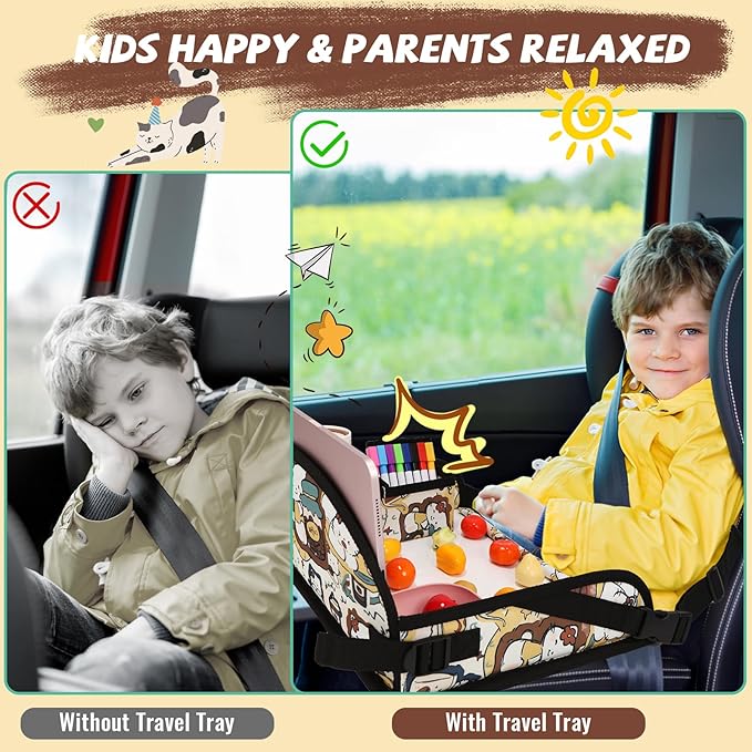 Kids Travel Tray for Airplane - Toddler Car Seat Table Tray, Road Trip Essentials for Boys & Girls, Carseat Lap Desk for Kids Road Trip Activities, Cute Kitten