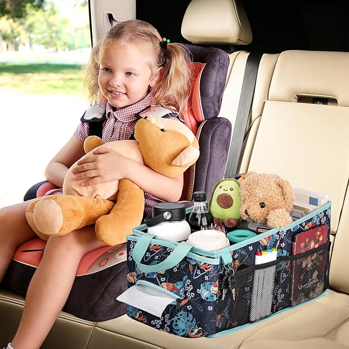 HEYSKAY Car Seat Organizer-Passenger Seat Organizer, Collapsible Small Car Seat Organizer for Console Front/Back, Car Caddy with 4pc Drink Holders Automotive Backseat Organizer for Kids