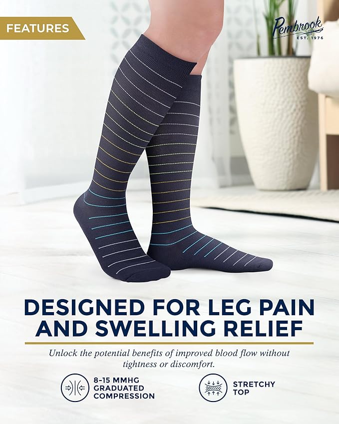 Pembrook Bamboo Viscose Light Compression Socks - 3 Pairs | 8-15 mmhg Compression Socks | Knee High Comfort Support Socks